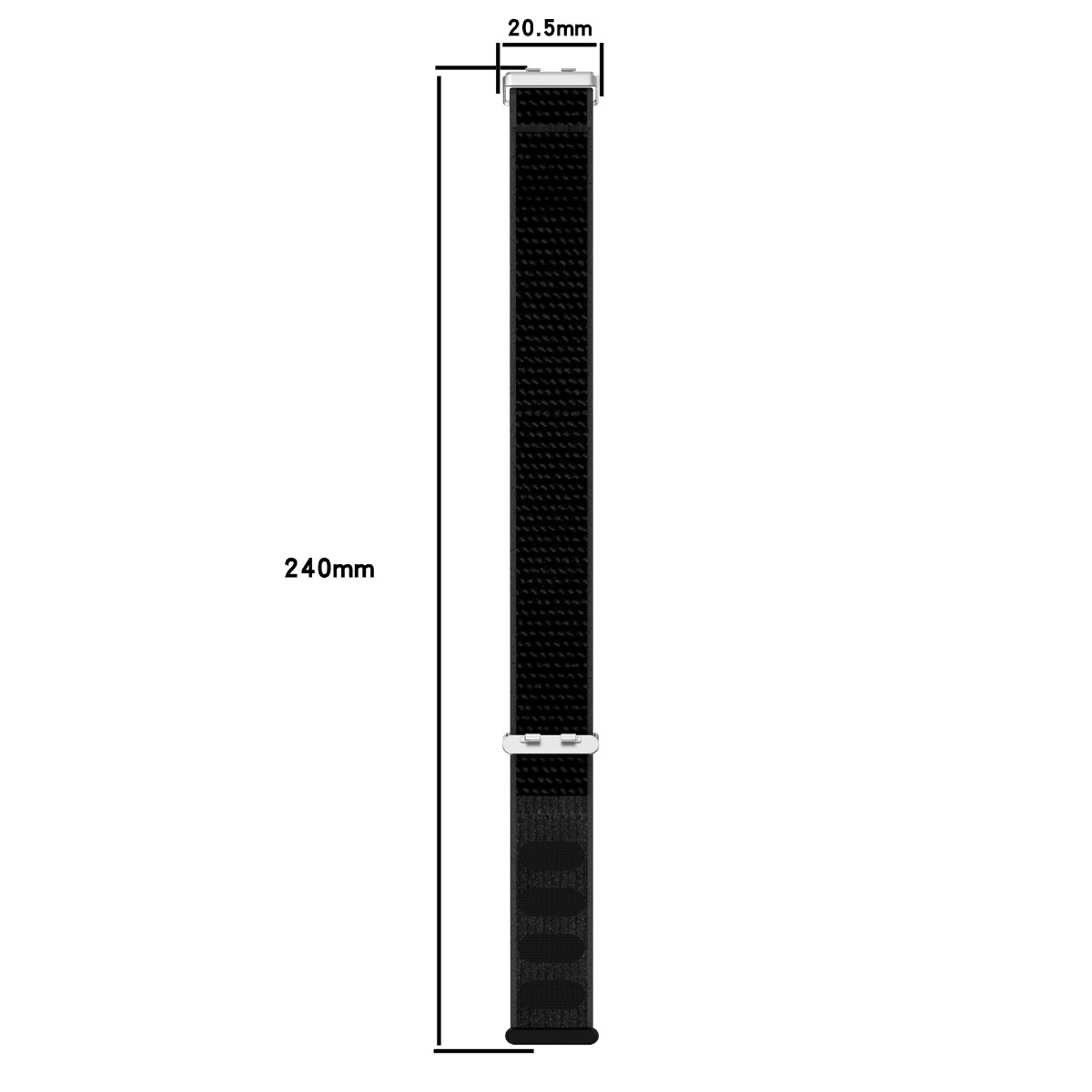 Schwarzes Armband, 240mm lang, 20,5mm breit, mit silbernen Verbindern.