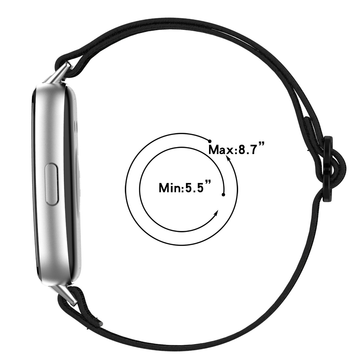 Silberne Smartwatch mit schwarzem Band, zeigt 5,5" Min. und 8,7" Max. Einstellbarkeit an.