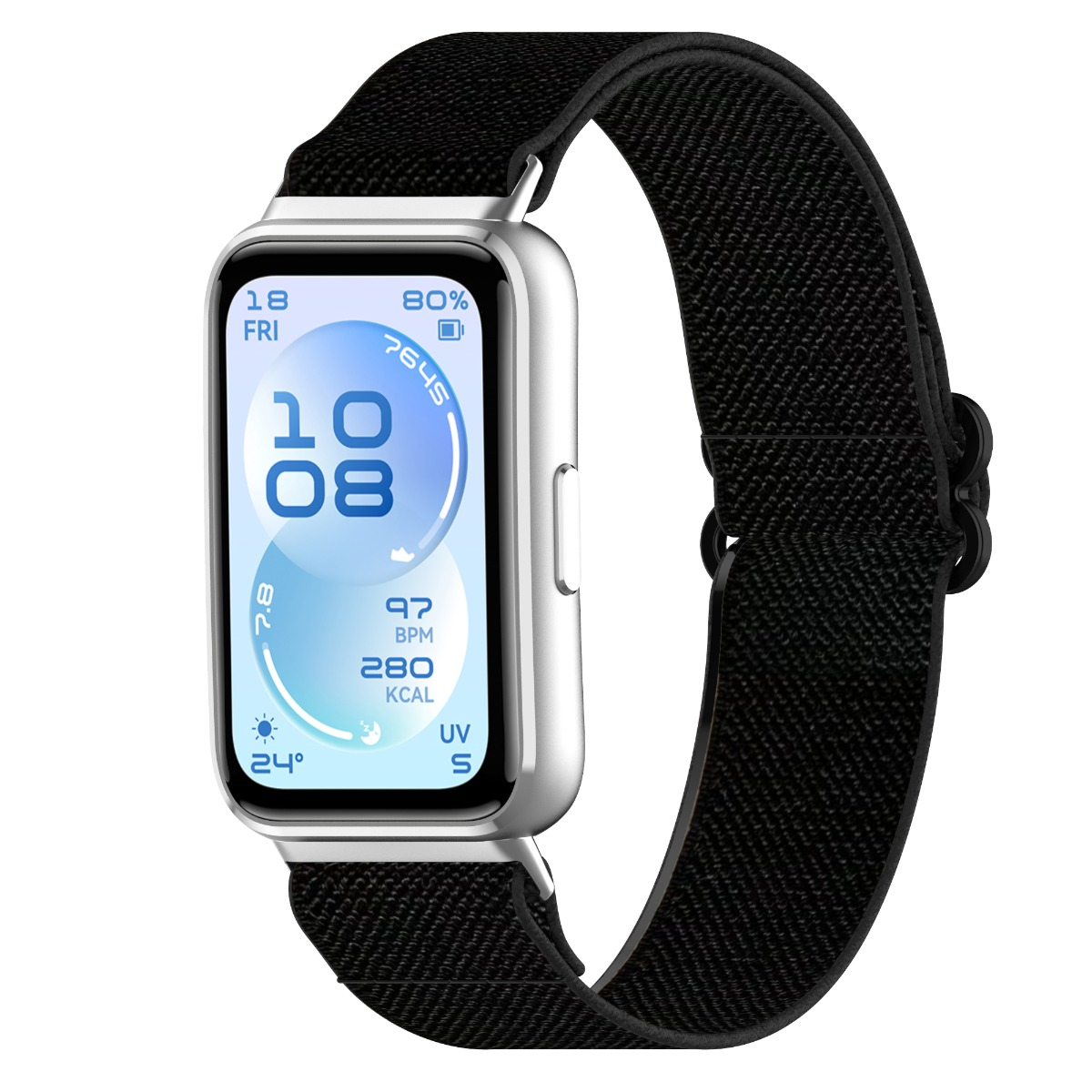 Silberne Smartwatch mit schwarzem Stoffarmband und hellem Zifferblatt, das Uhrzeit, Datum, Herzfrequenz und Kalorien anzeigt.
