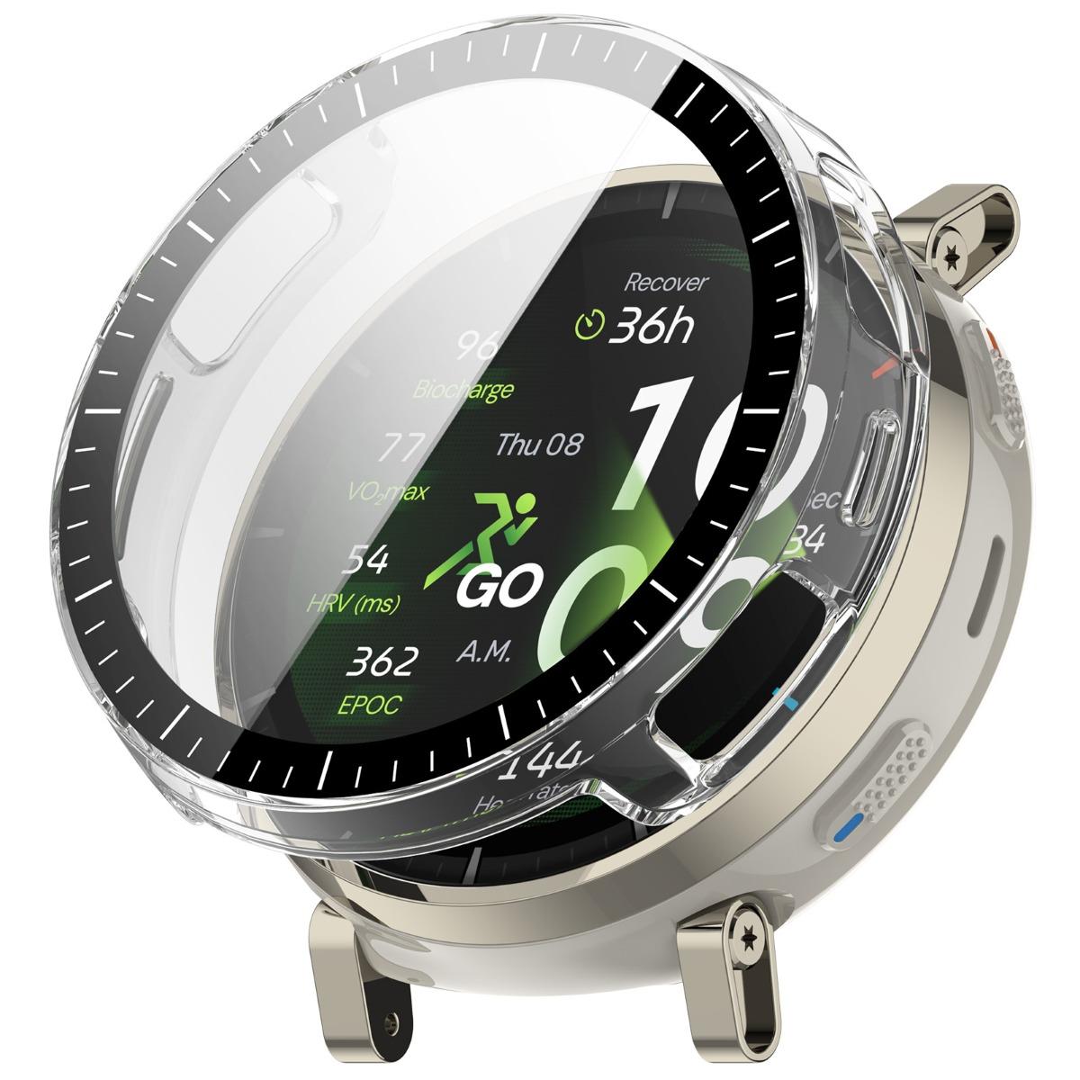 Eine durchsichtige Schutzhülle über einer Smartwatch mit einem grünen Display, das Trainingsdaten anzeigt.