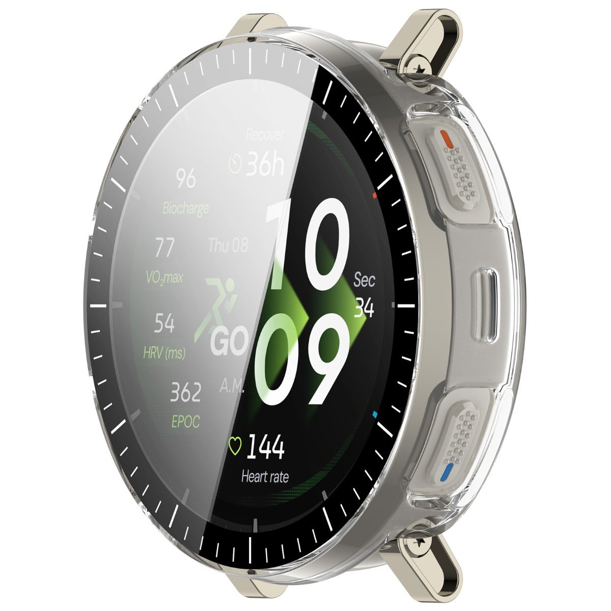 Eine digitale Smartwatch mit transparentem Gehäuse zeigt Trainingsdaten wie Herzfrequenz und VO2max.