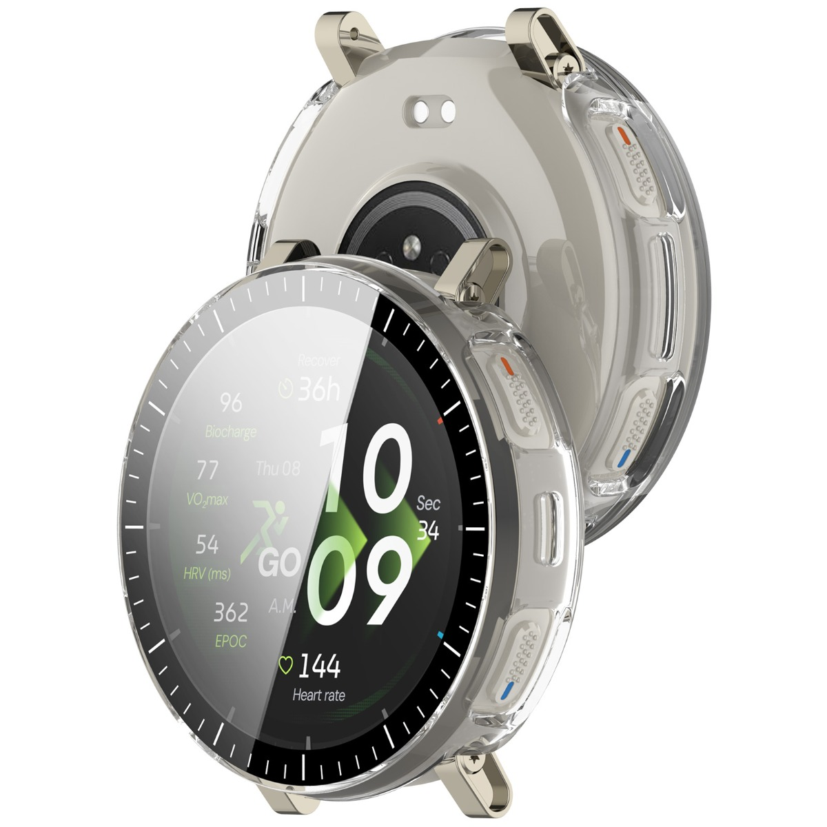 Zwei klare Schutzhüllen für eine Smartwatch. Eine Hülle ist offen und zeigt das Zifferblatt mit der Zeit 10:09.
