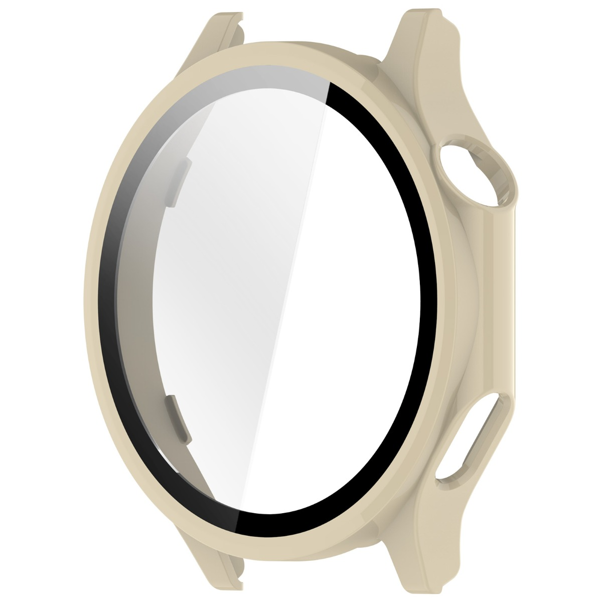 Una custodia protettiva beige per uno smartwatch con schermo trasparente.