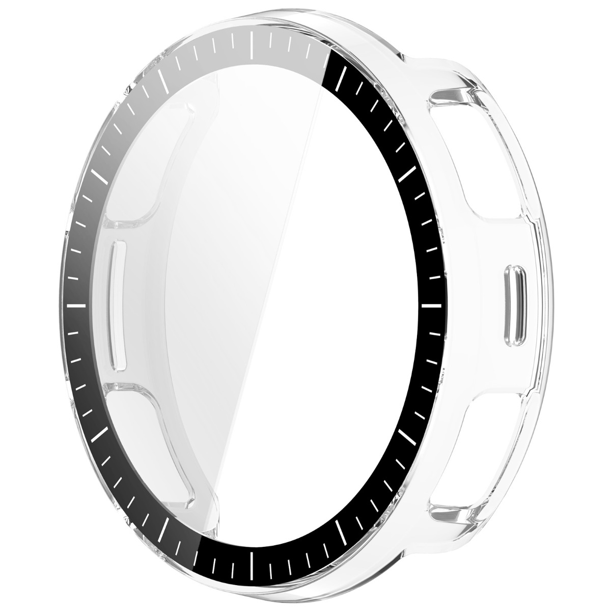 Transparente Schutzhülle für eine Smartwatch mit schwarzen Markierungen.