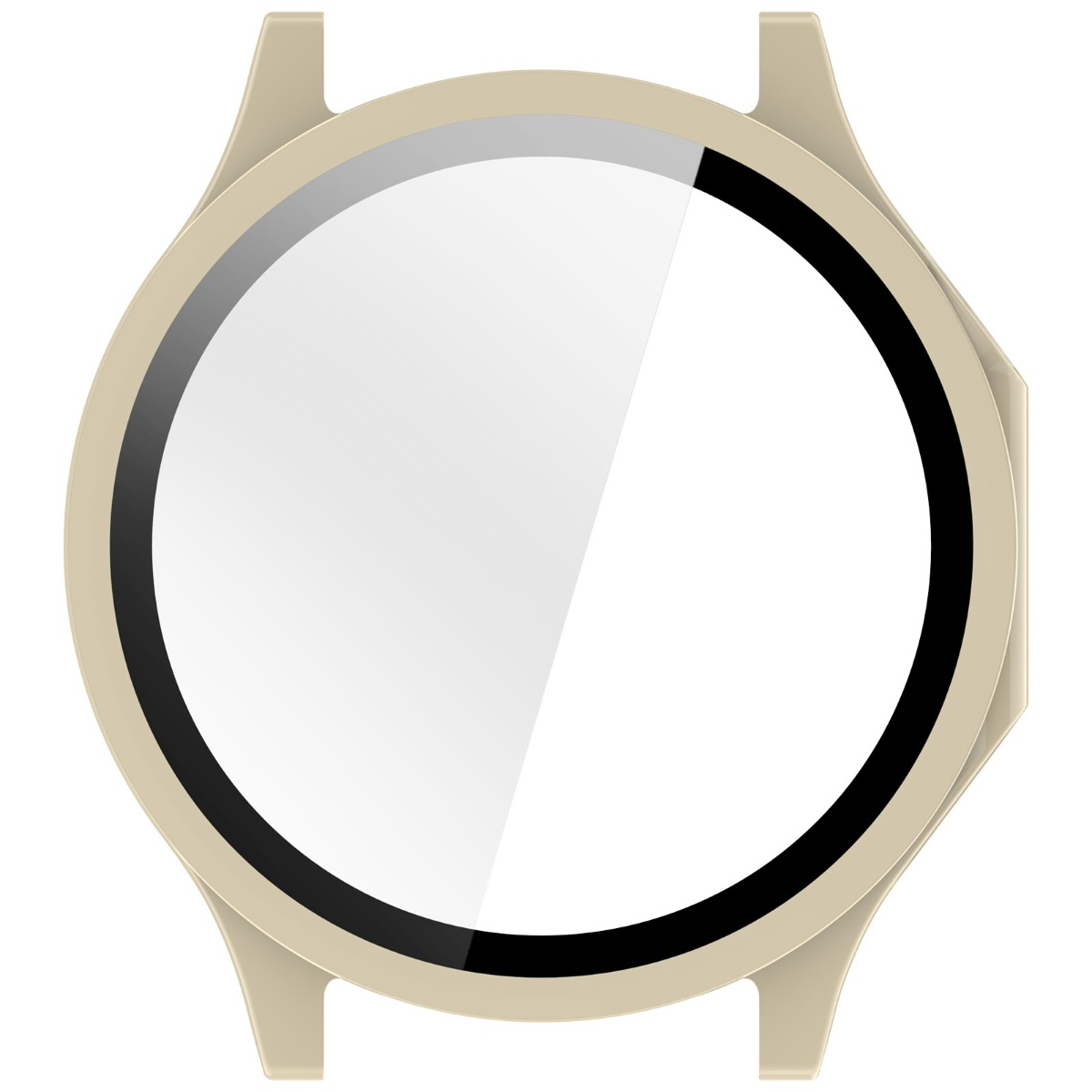 Cassa di orologio beige con anello nero e grigio attorno a un quadrante bianco.