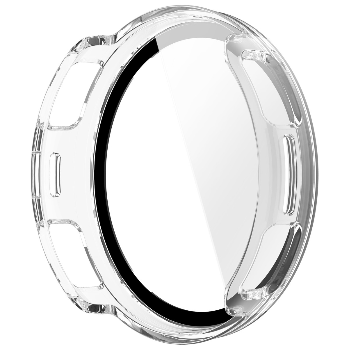 Transparenter Uhrenschutzring mit schwarzen Akzenten und Ausschnitten.