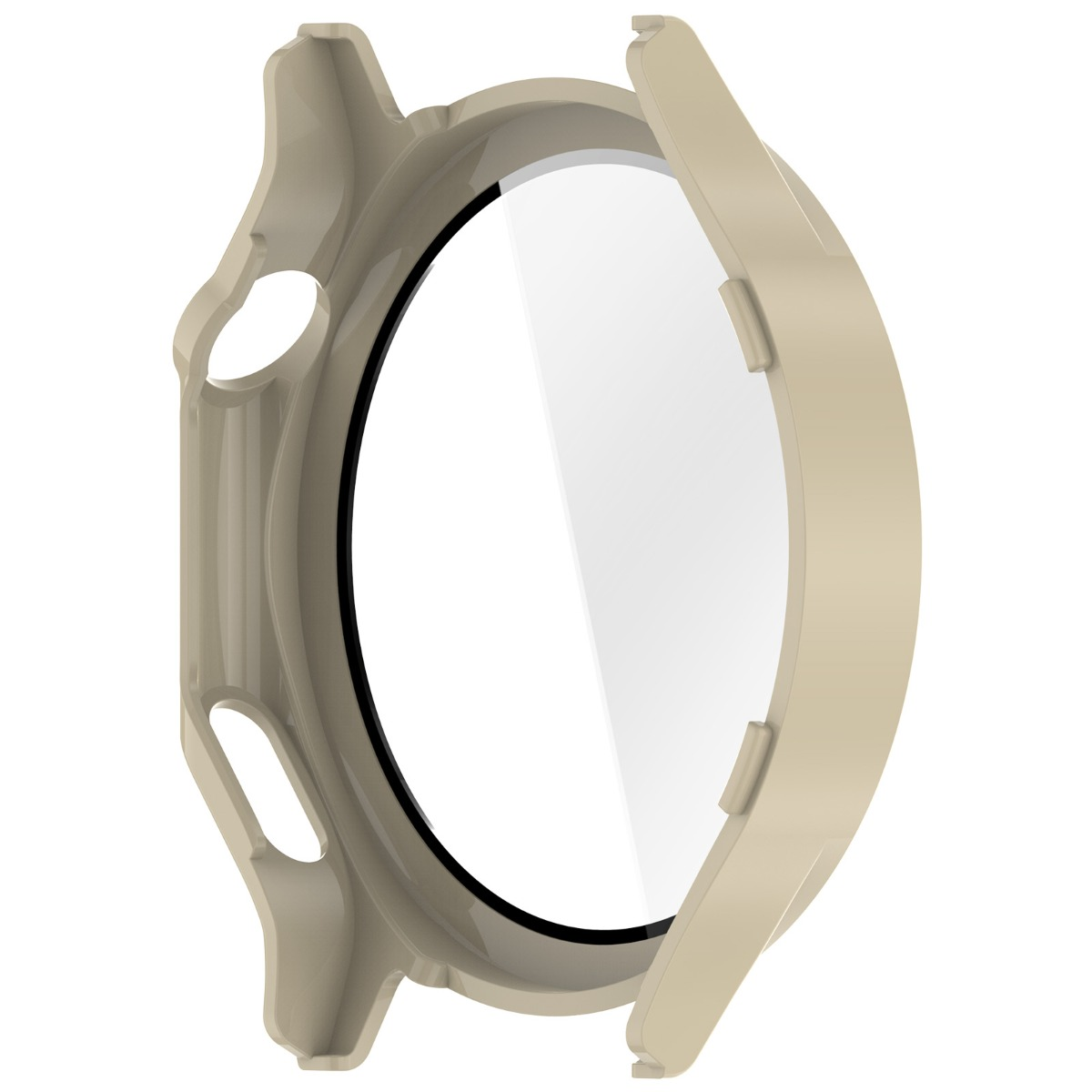 Custodia per orologio beige con schermo trasparente, isolata su bianco.