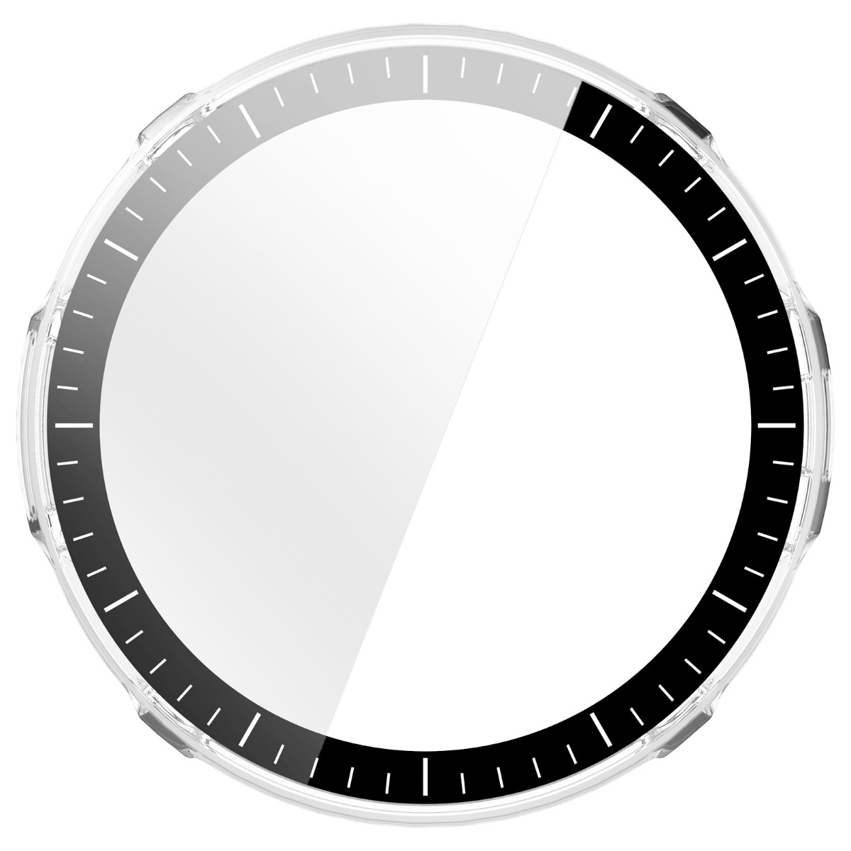 Runder, transparenter Uhrenschutz mit schwarzen Markierungen und einem breiten schwarzen Rand.