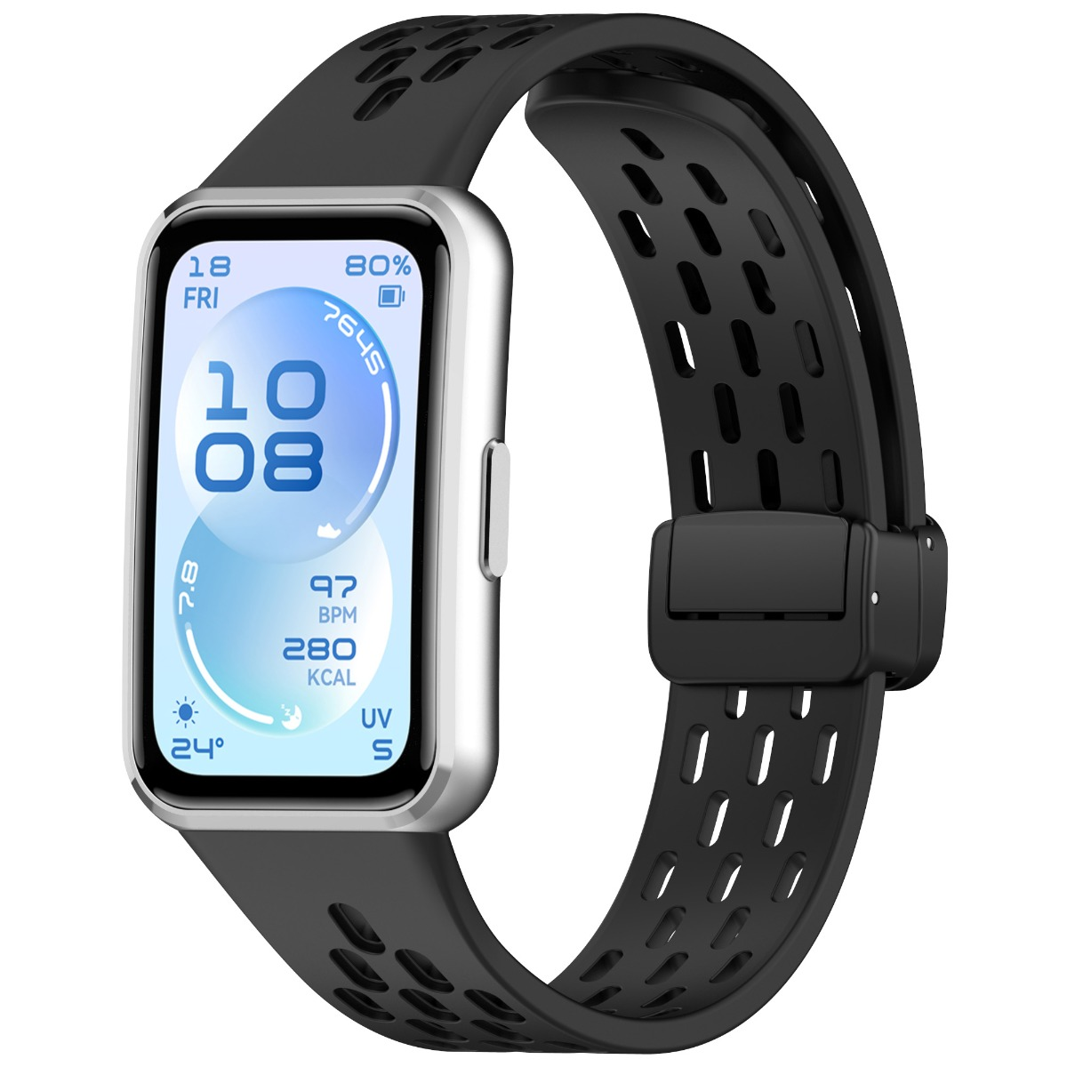 Smartwatch argento con cinturino nero. Schermo mostra ora 10:08, data, 80% batteria, battito cardiaco, calorie, temp, UV.