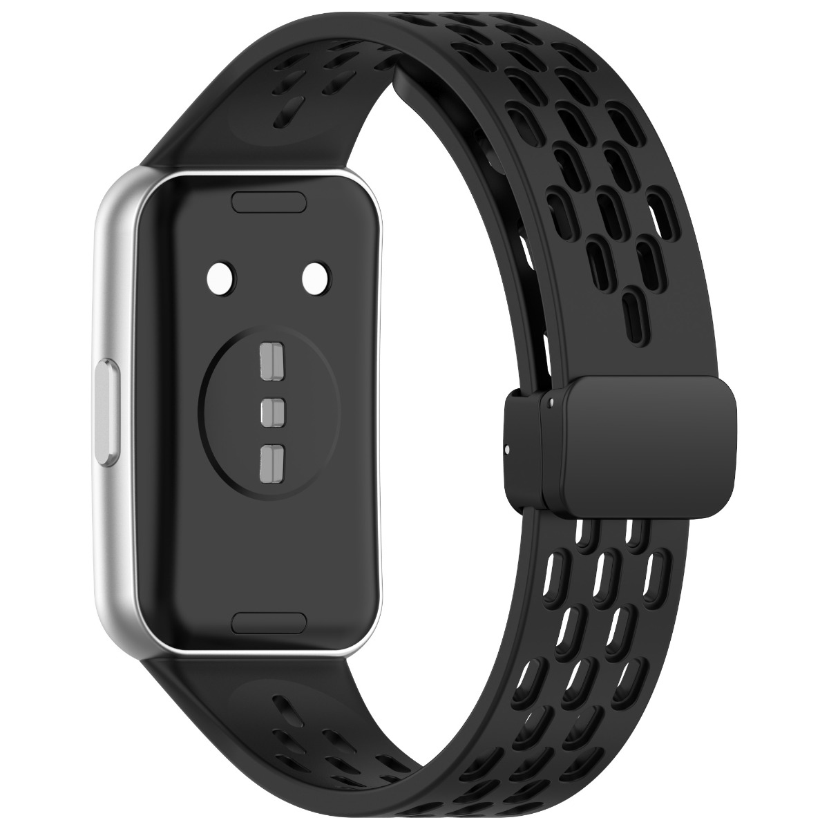 Bracciale nero per smartwatch con cassa argentata e fori di ventilazione.