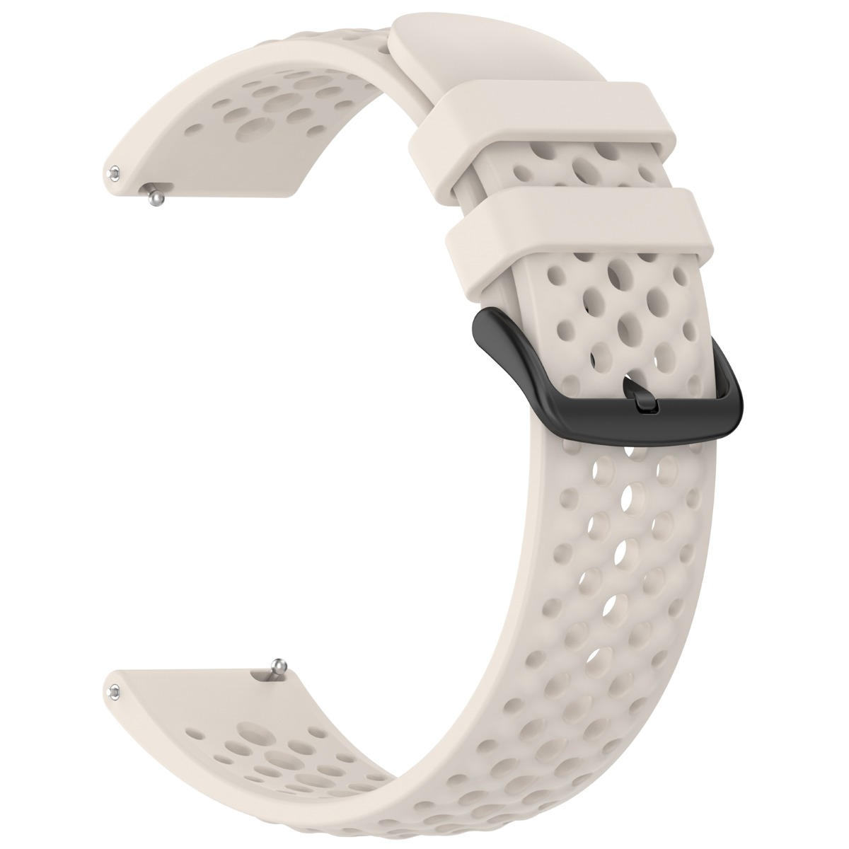 Ein hellbeiges Uhrenarmband mit Löchern und schwarzer Schnalle.