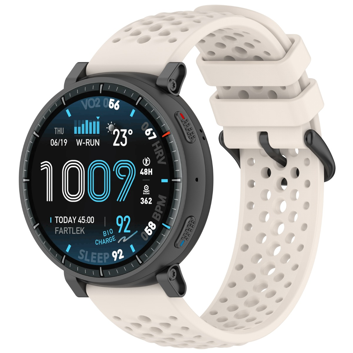 Eine weiße Smartwatch mit schwarzem Gehäuse und Sportdaten auf dem Display.