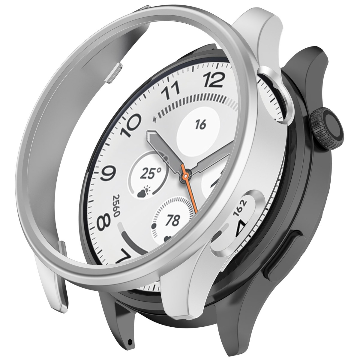 Cassa dell'orologio argentata con quadrante bianco e accenti neri.