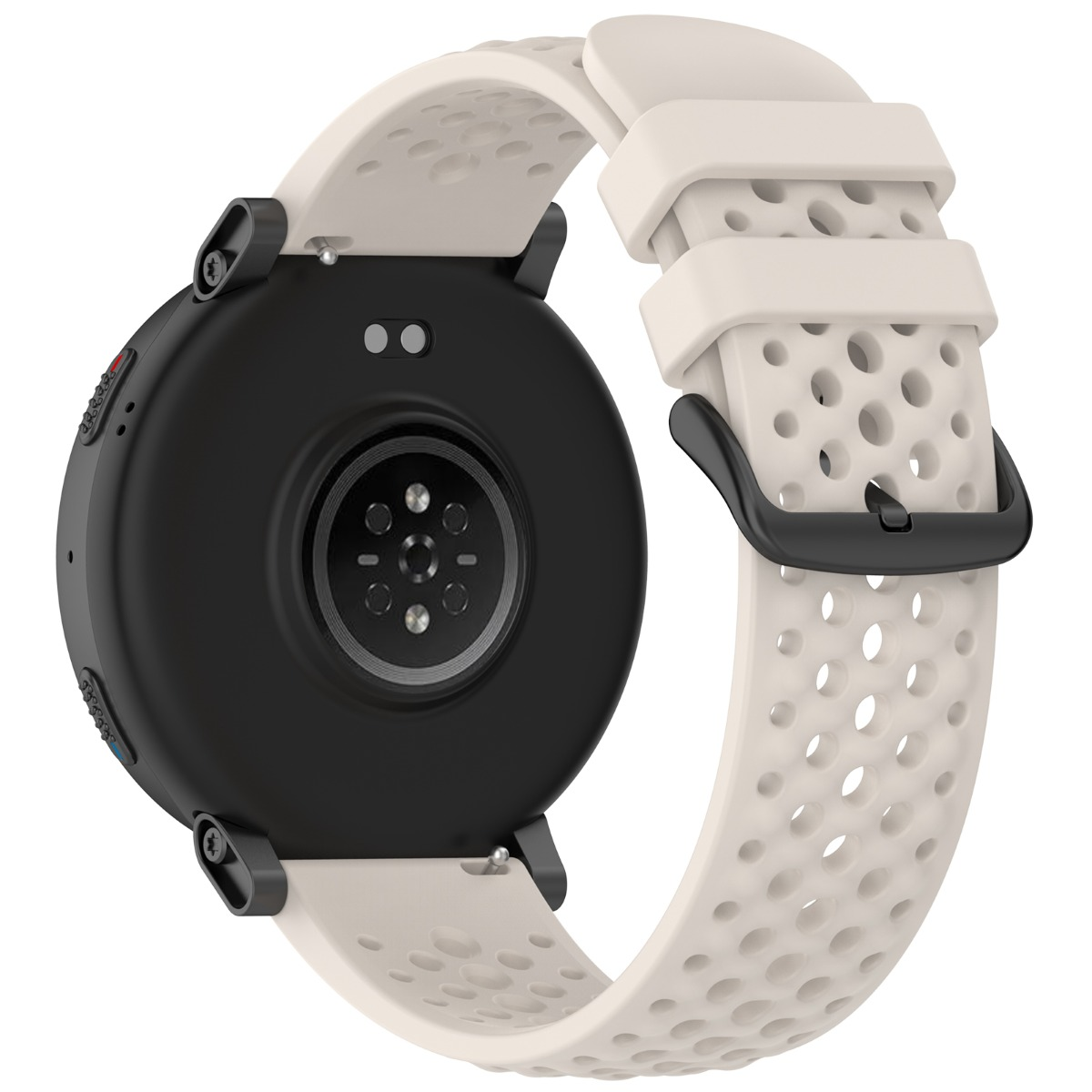 Rückseite einer Smartwatch mit schwarzem Gehäuse, Herzfrequenzsensor und hellem Armband.