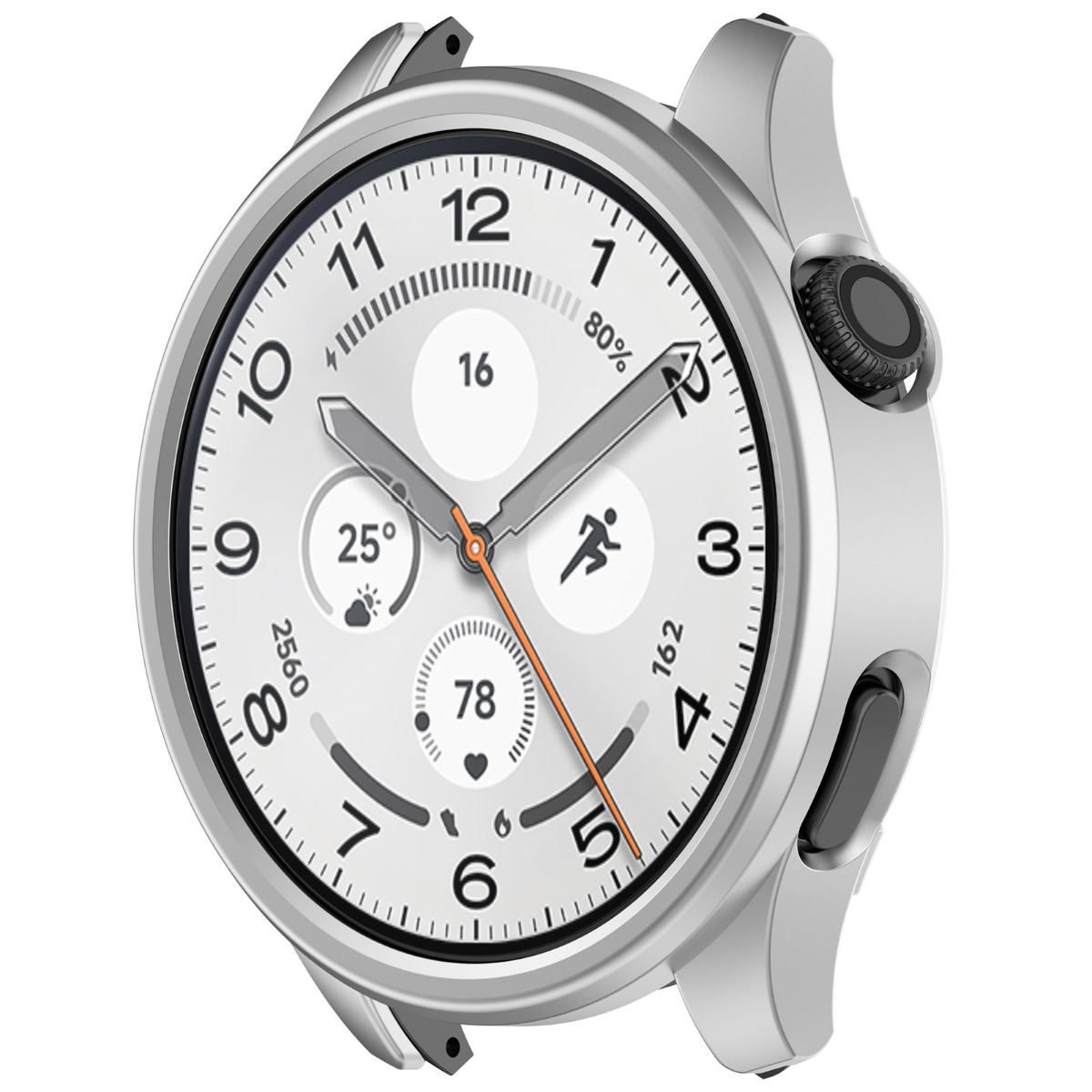 Smartwatch argentato con quadrante bianco che mostra 25 gradi, 16 passi e 78 battiti.