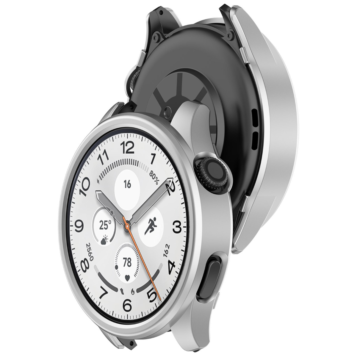 Uno smartwatch argentato con quadrante bianco che mostra dettagli come 25°, 78 e 80%.