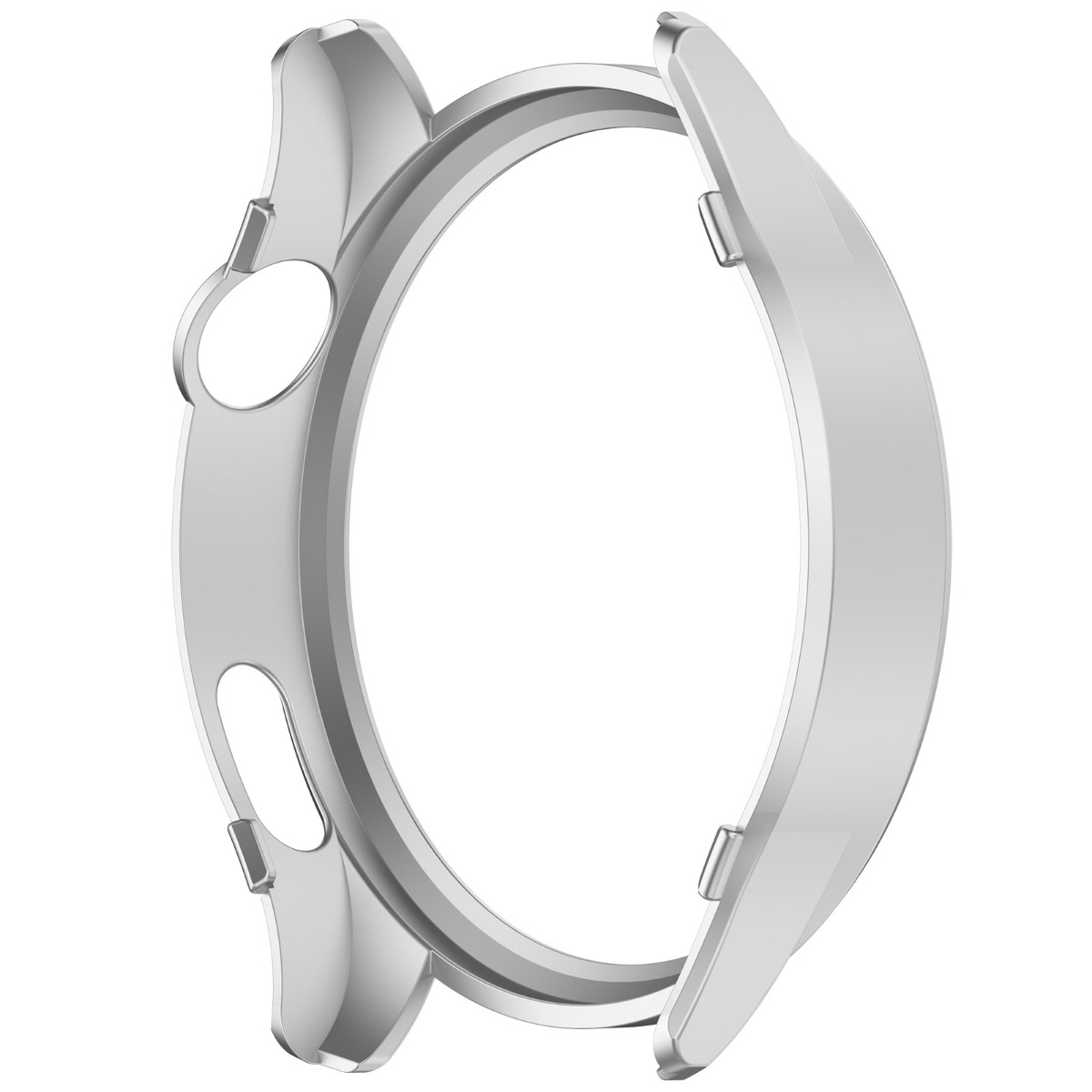 Protezione per orologio in plastica argentata che copre il quadrante e i lati.