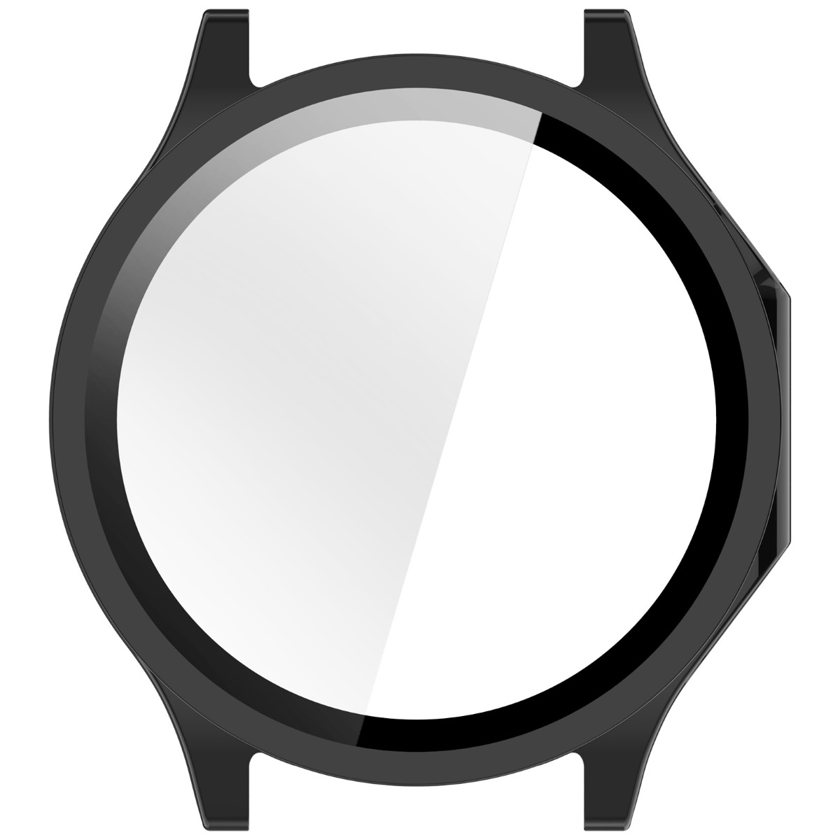 Cassa dell'orologio nera con display circolare bianco e due anse.