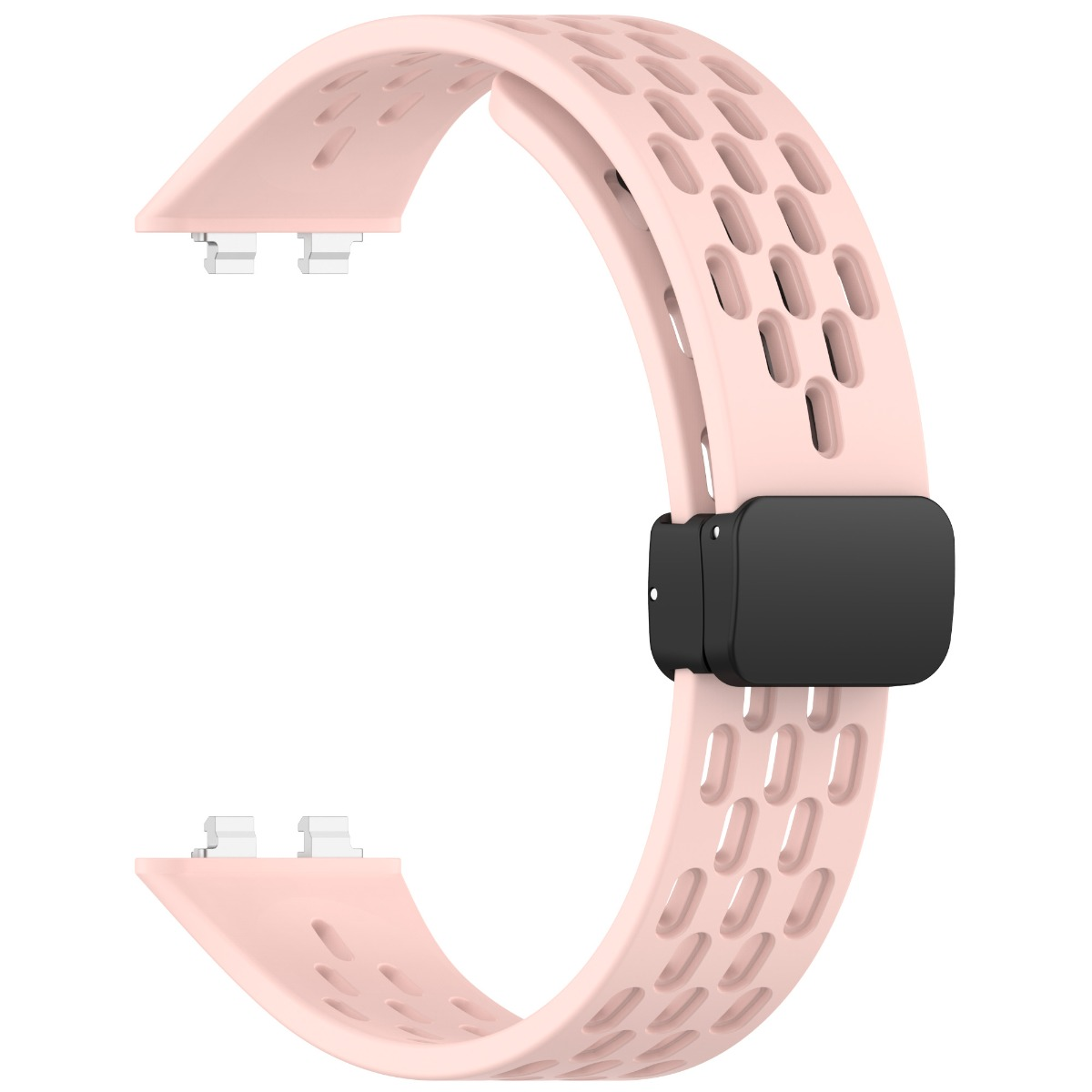 Ein rosafarbener Silikon-Uhrenarmband mit ovalen Aussparungen und schwarzem Verschluss.