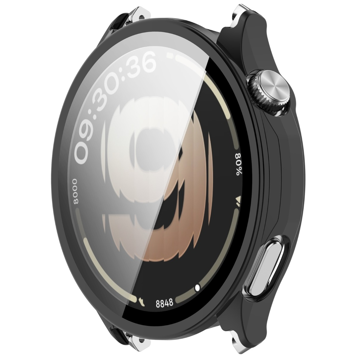 Cassa di smartwatch nera con pulsanti argentati e display rotondo.
