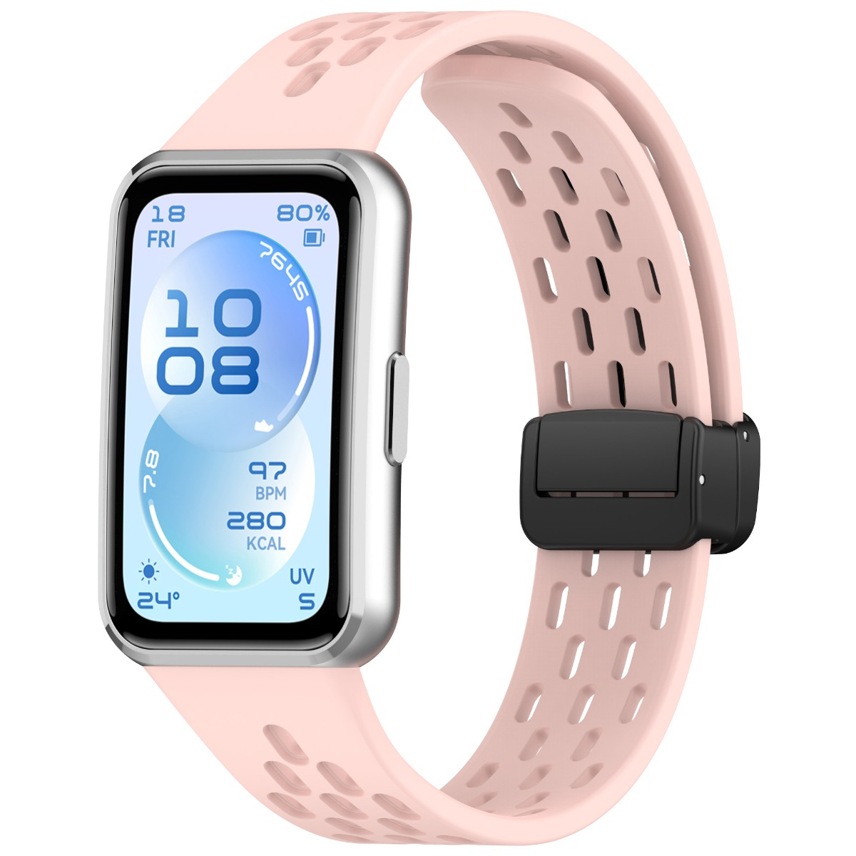 Eine rosafarbene Smartwatch mit silbernem Gehäuse und schwarzem Verschluss.