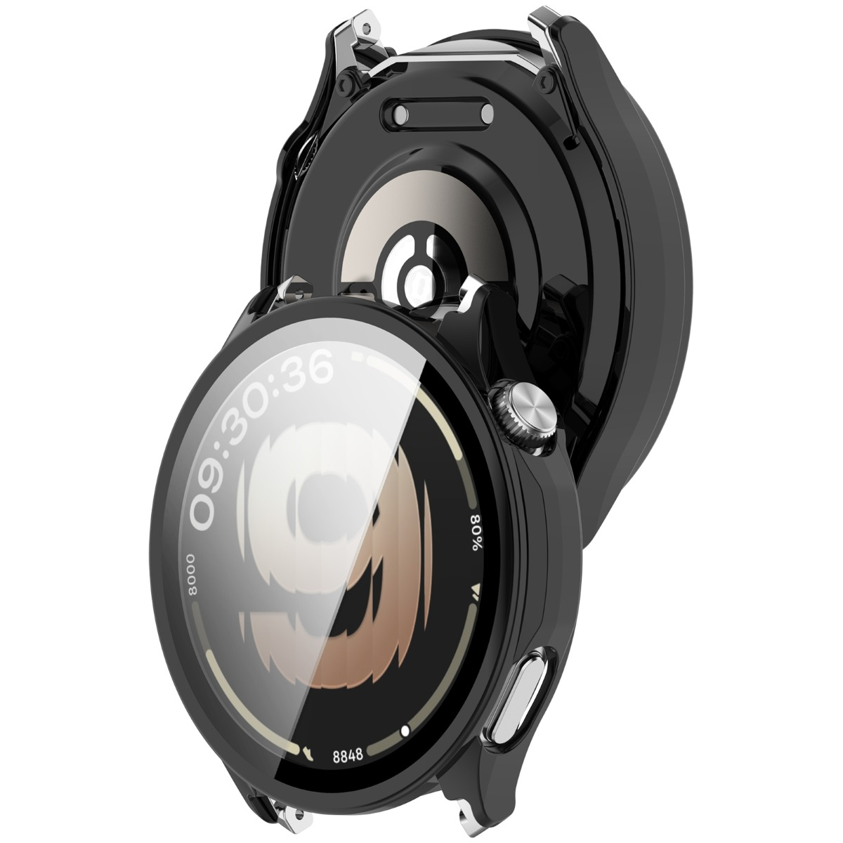 Custodia nera per smartwatch con quadrante aperto che mostra le 09:30:36.