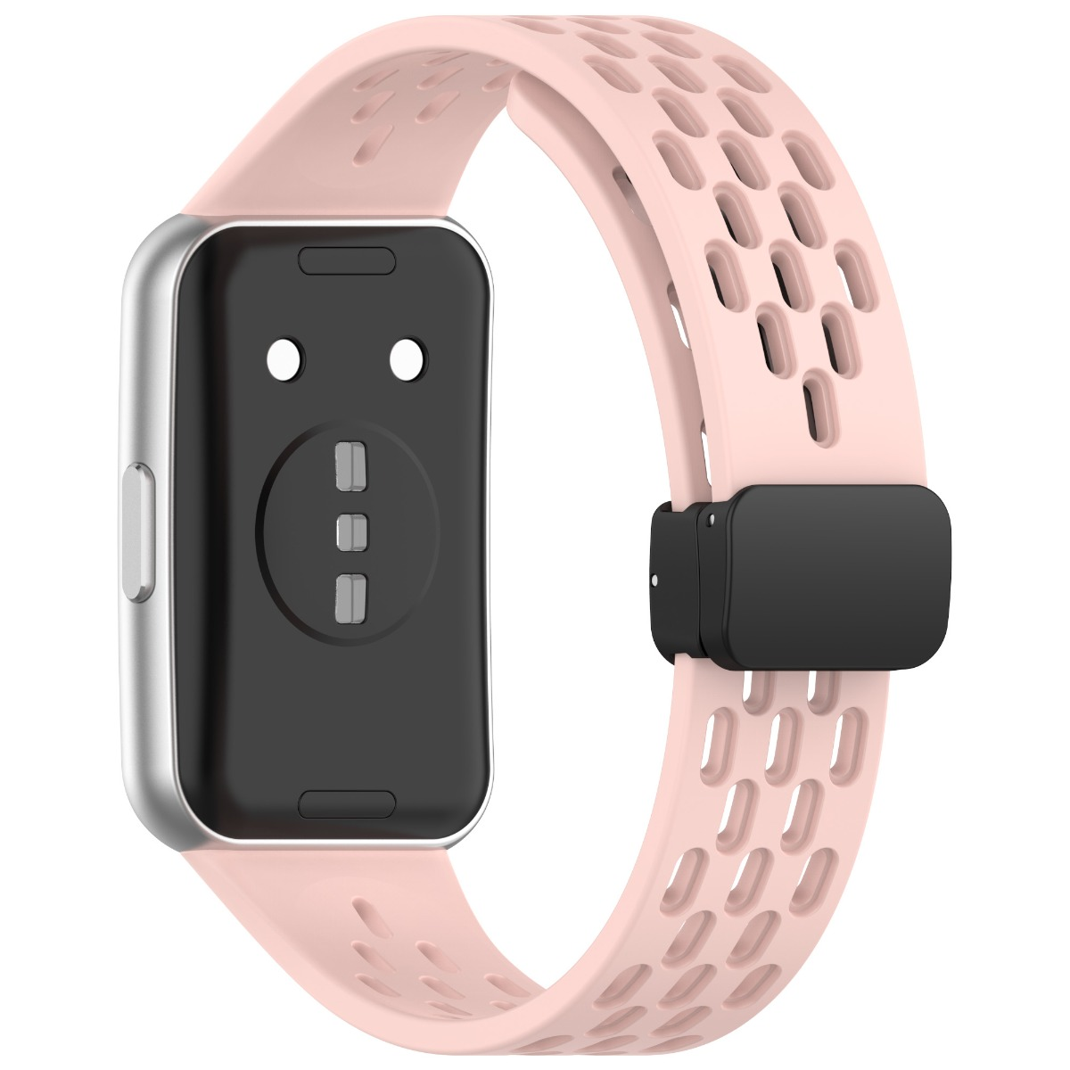 Ein rosa Smartwatch-Armband mit Belüftungslöchern und einem silbernen Gehäuse.