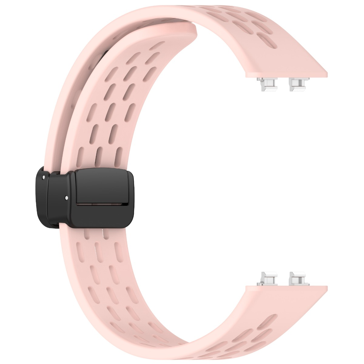 Ein rosafarbener Uhrenarmband mit Löchern und einem schwarzen Verschluss.