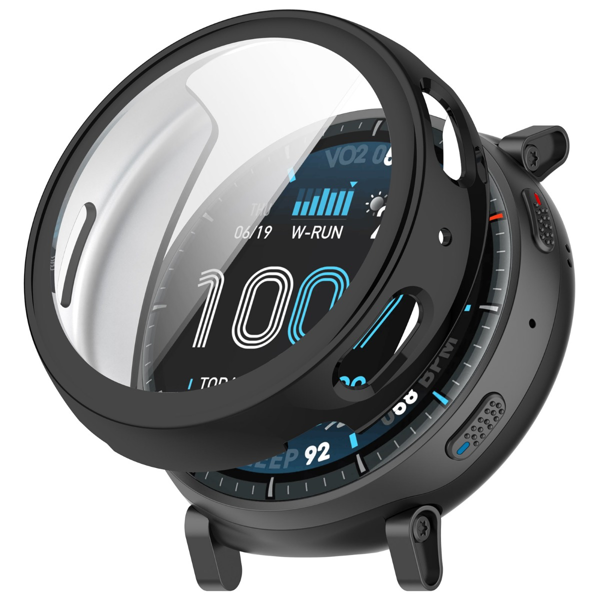 Schwarzer Smartwatch-Schutz mit transparentem Deckel und Displayanzeige.