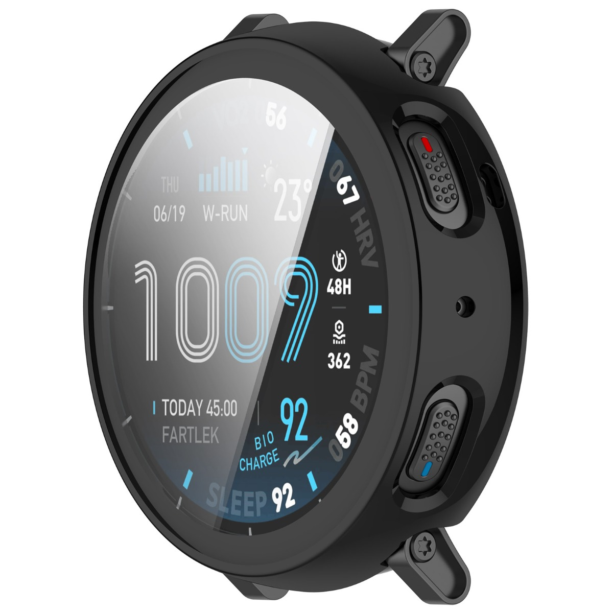 Eine schwarze Smartwatch mit einem runden Zifferblatt, das Trainingsdaten anzeigt.