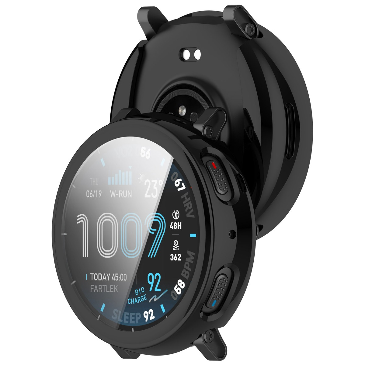 Schwarze Smartwatch mit rundem Display, zeigt Zeit, Datum, Temperatur und Herzfrequenz.