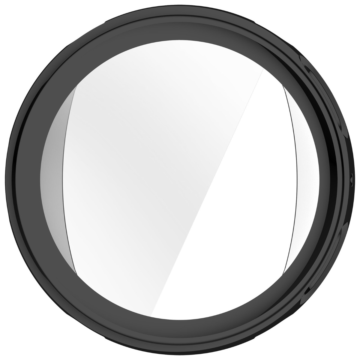 Ein schwarzer Objektivdeckel mit einem transparenten Einsatz auf weißem Hintergrund.
