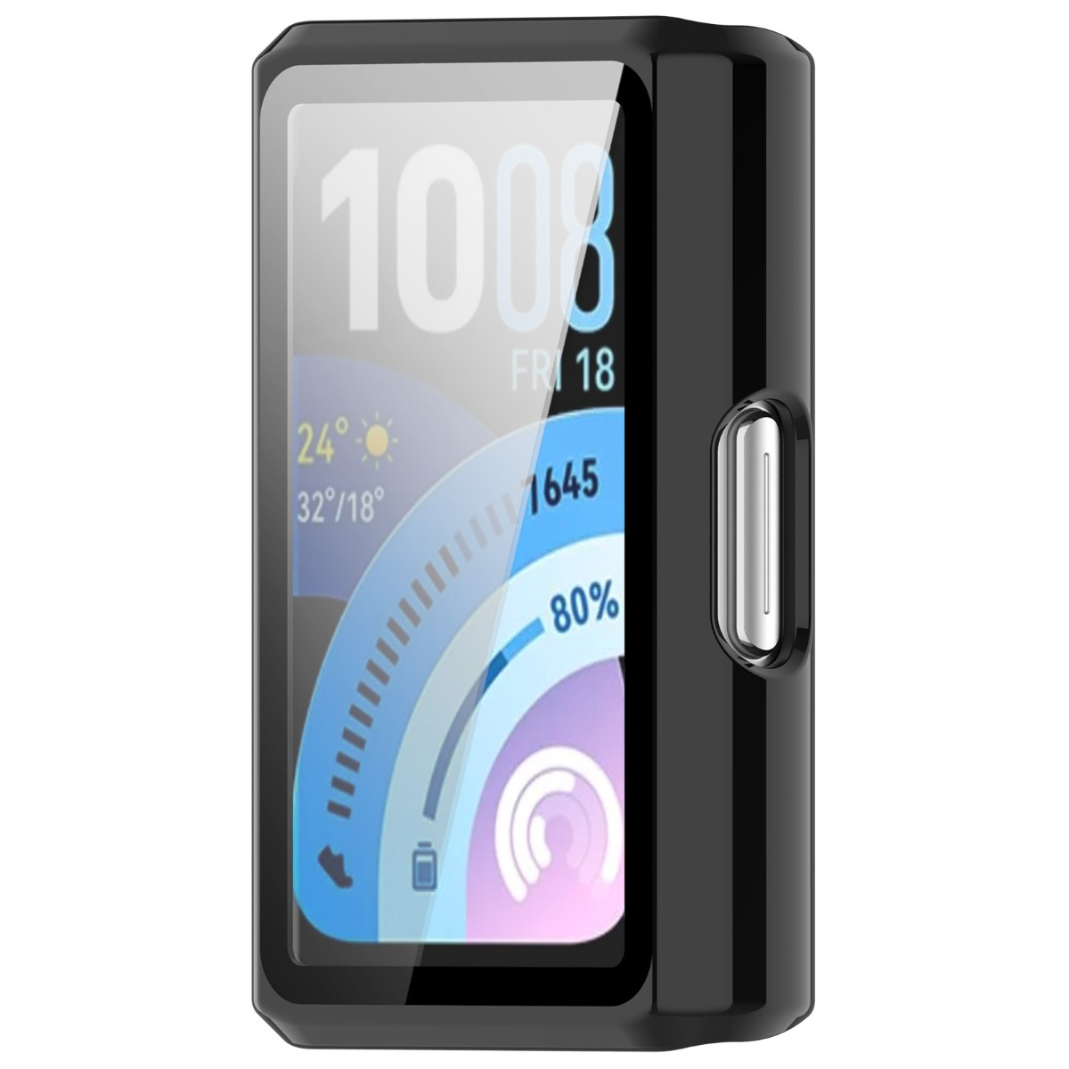 Schwarze Smartwatch mit Touchscreen, zeigt Uhrzeit, Datum, Wetter und Aktivitätsdaten.
