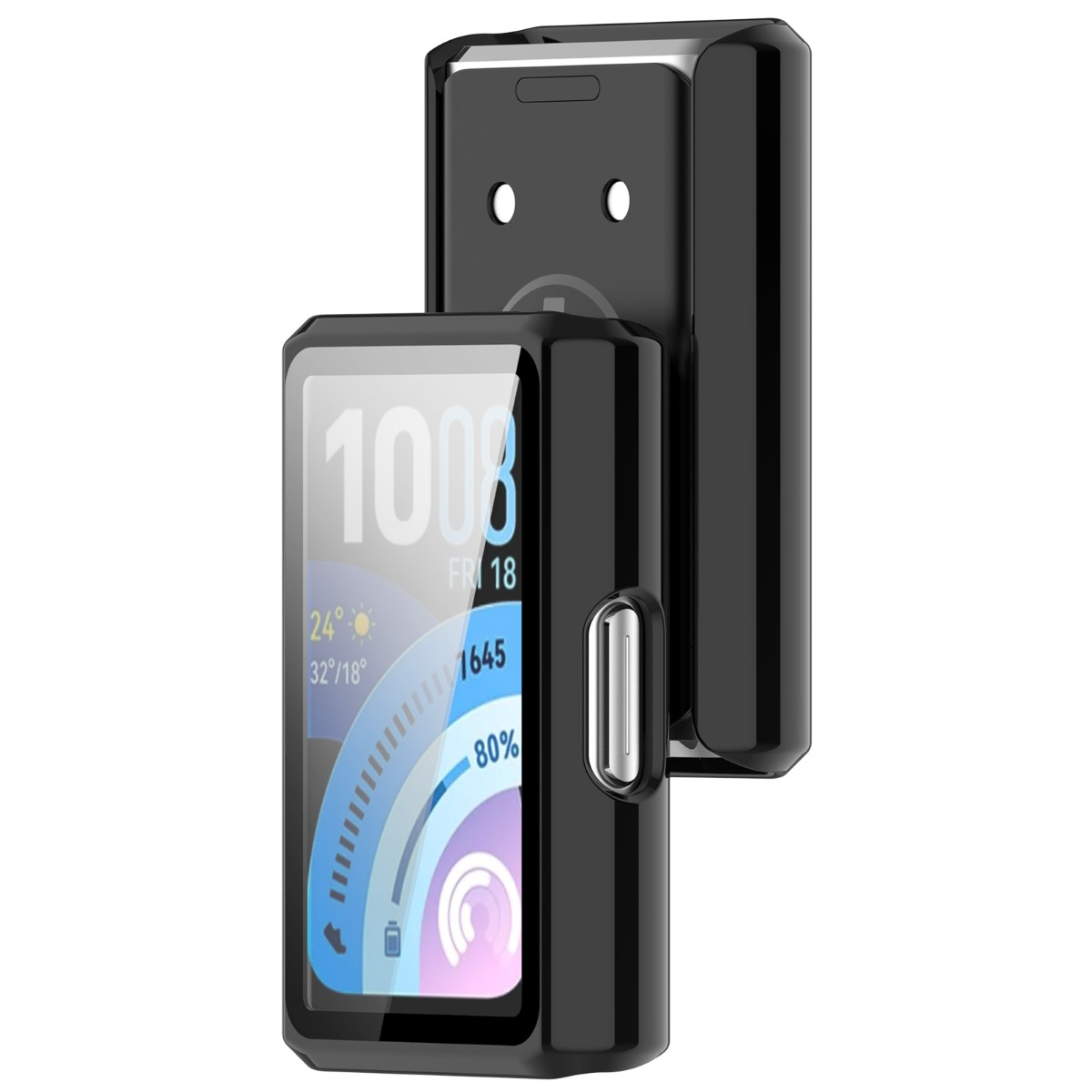 Schwarzes Wearable mit hellem Display, zeigt Uhrzeit, Datum, Temperatur und Akkuladung.