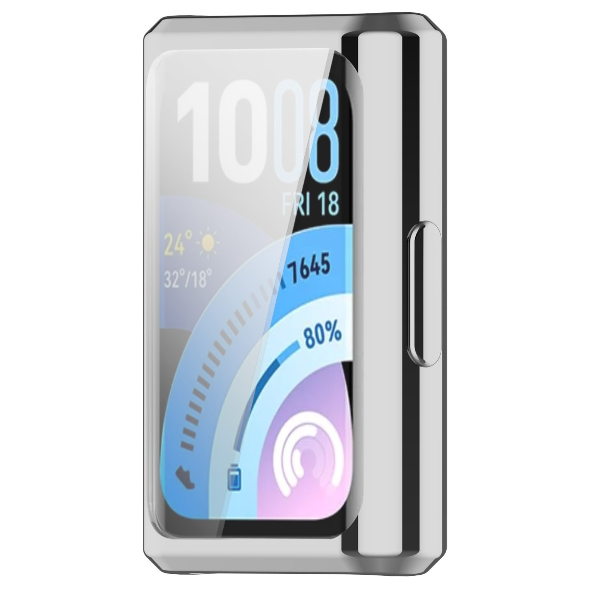 Un reloj inteligente plateado con pantalla digital que muestra la hora, fecha, clima, pasos, batería y porcentaje de actividad.