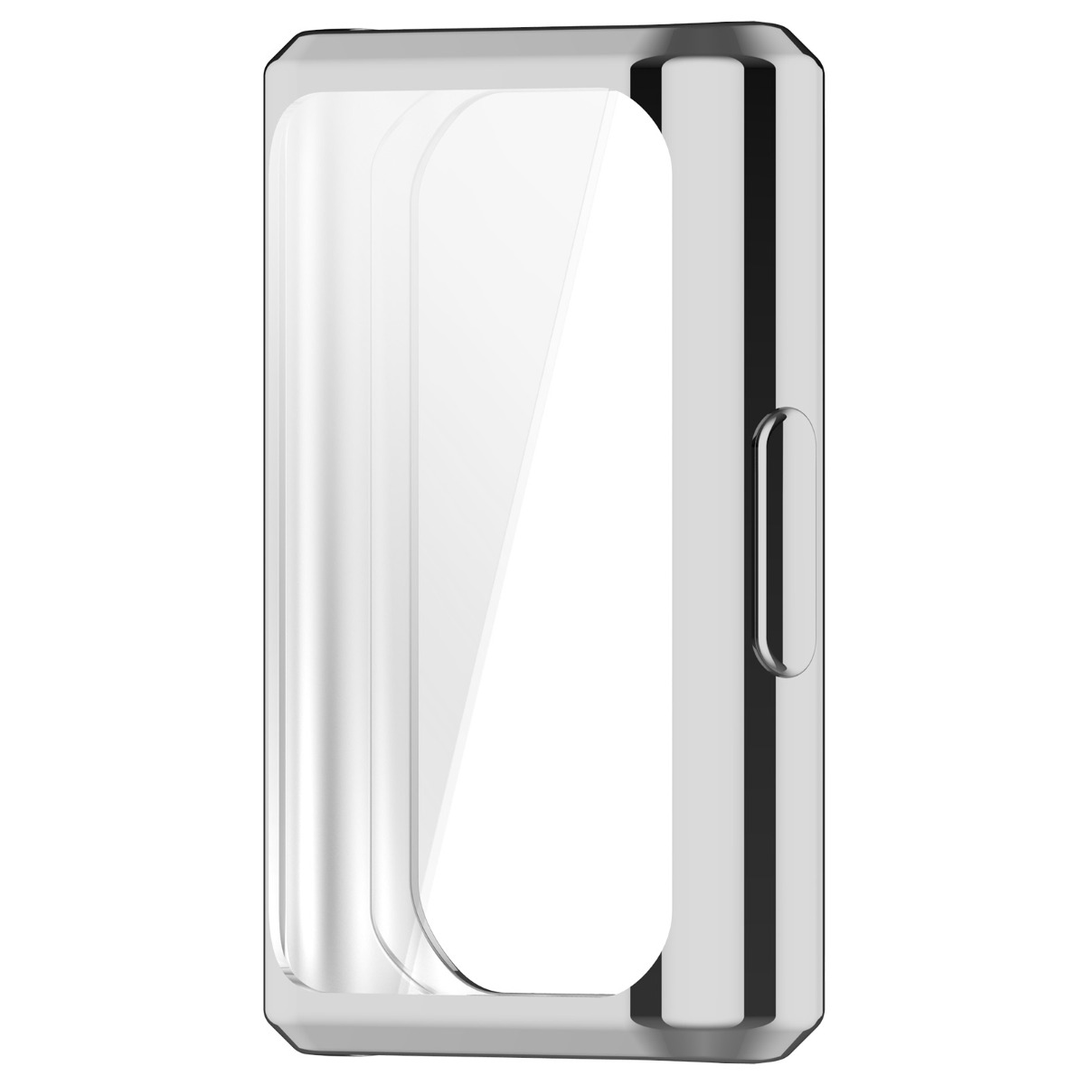 Una funda protectora transparente y rectangular con bordes redondeados y un recorte para botón lateral, sobre un fondo blanco.