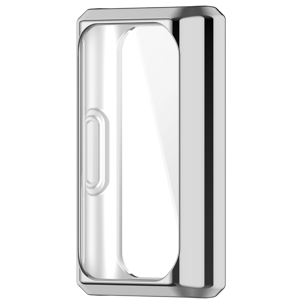 Un marco plateado con un inserto transparente que parece una puerta.