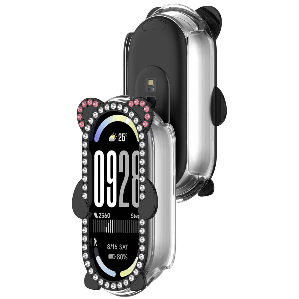 Ein Fitness-Tracker in einer transparenten Panda-Hülle mit Strasssteinen.