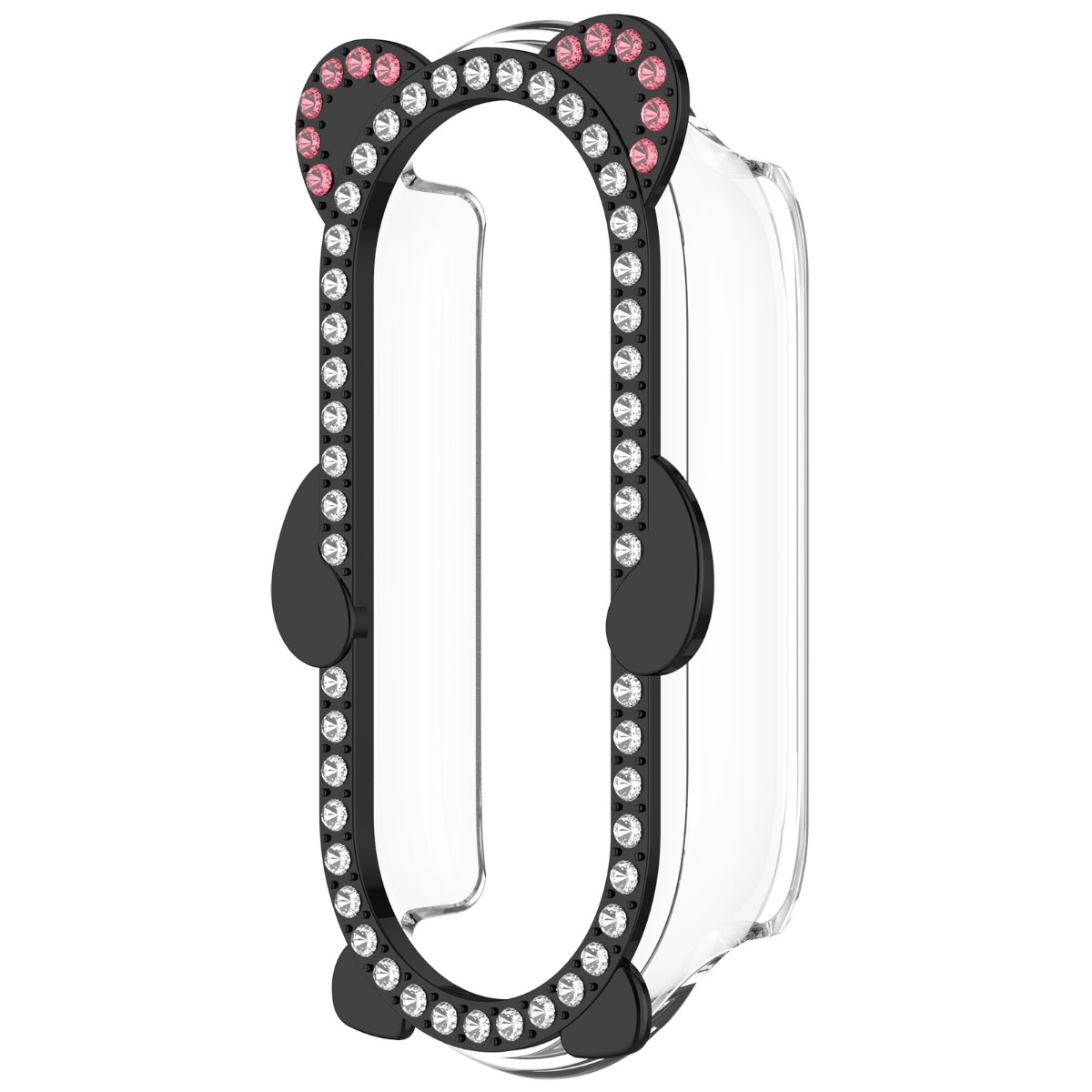 Ein durchsichtiger Schutz mit schwarzen Panda-Ohren und rosa/weißen Strasssteinen.