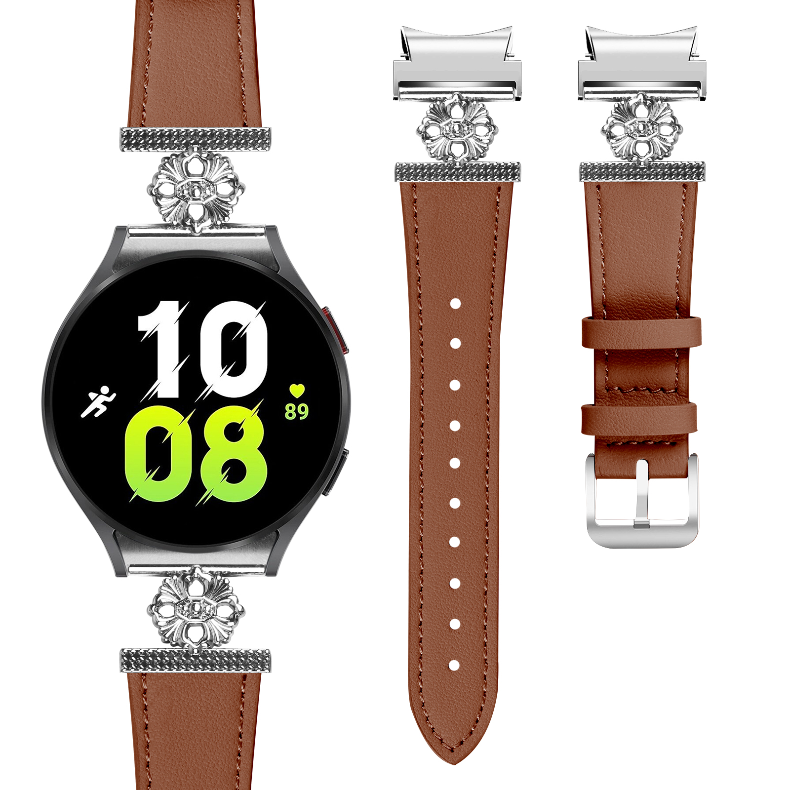 Braunes Lederarmband mit silberner Schnalle und Blumenverzierungen an einer Uhr.
