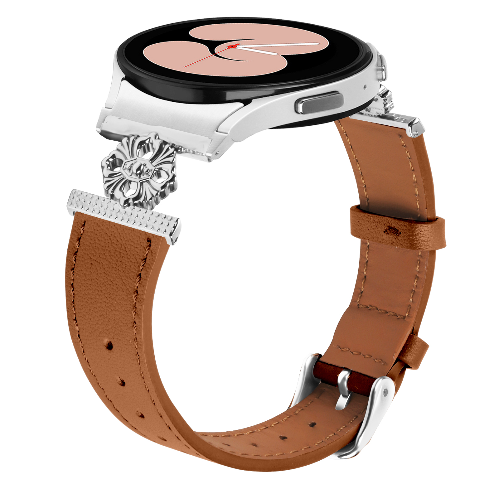 Eine silberne Smartwatch mit braunem Lederarmband und Ornamentverschluss.