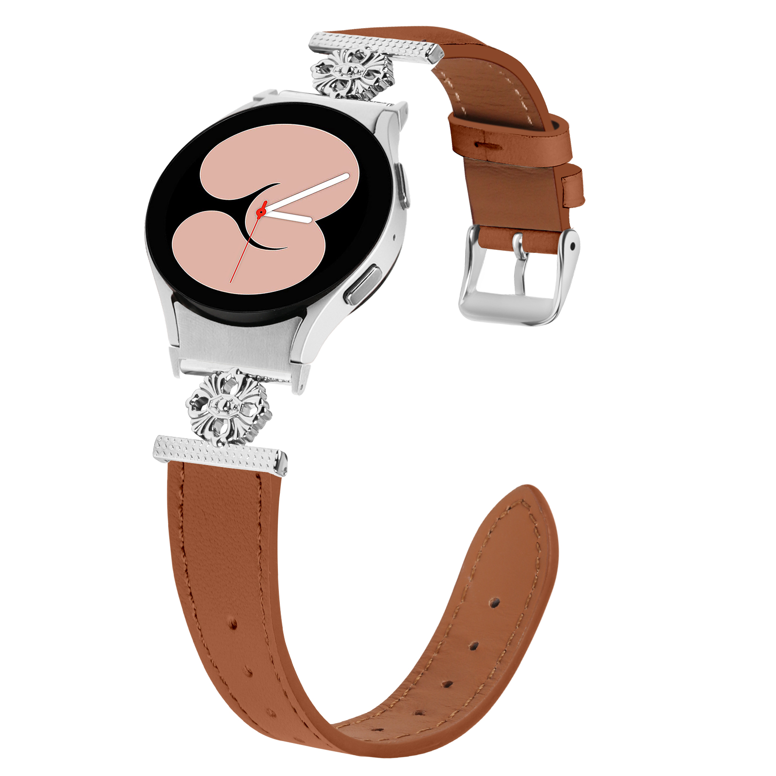 Silberne Smartwatch mit braunem Lederarmband und floralem Schmuckdetail.