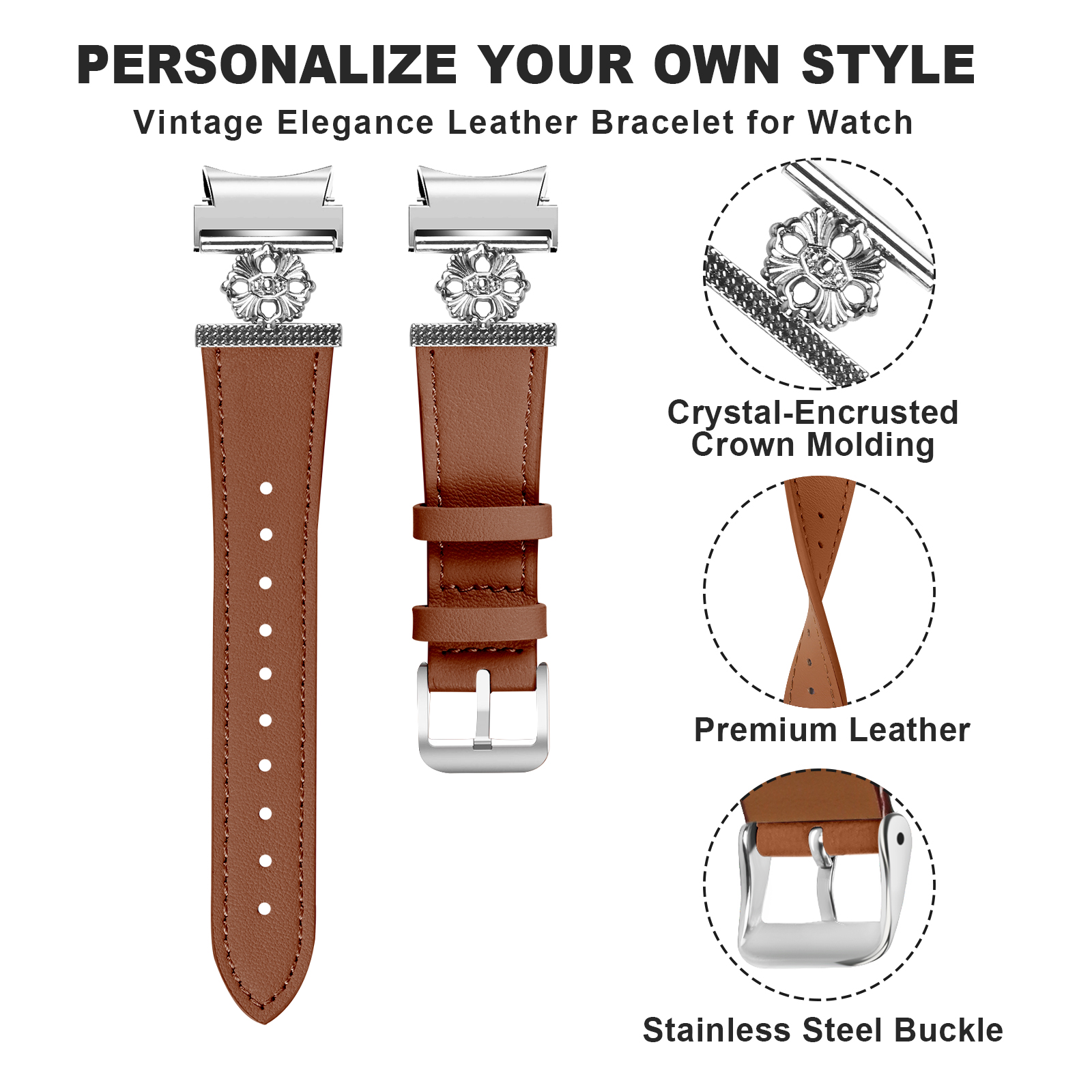 Braunes Lederarmband mit silberner Schnalle und detaillierter Krone.