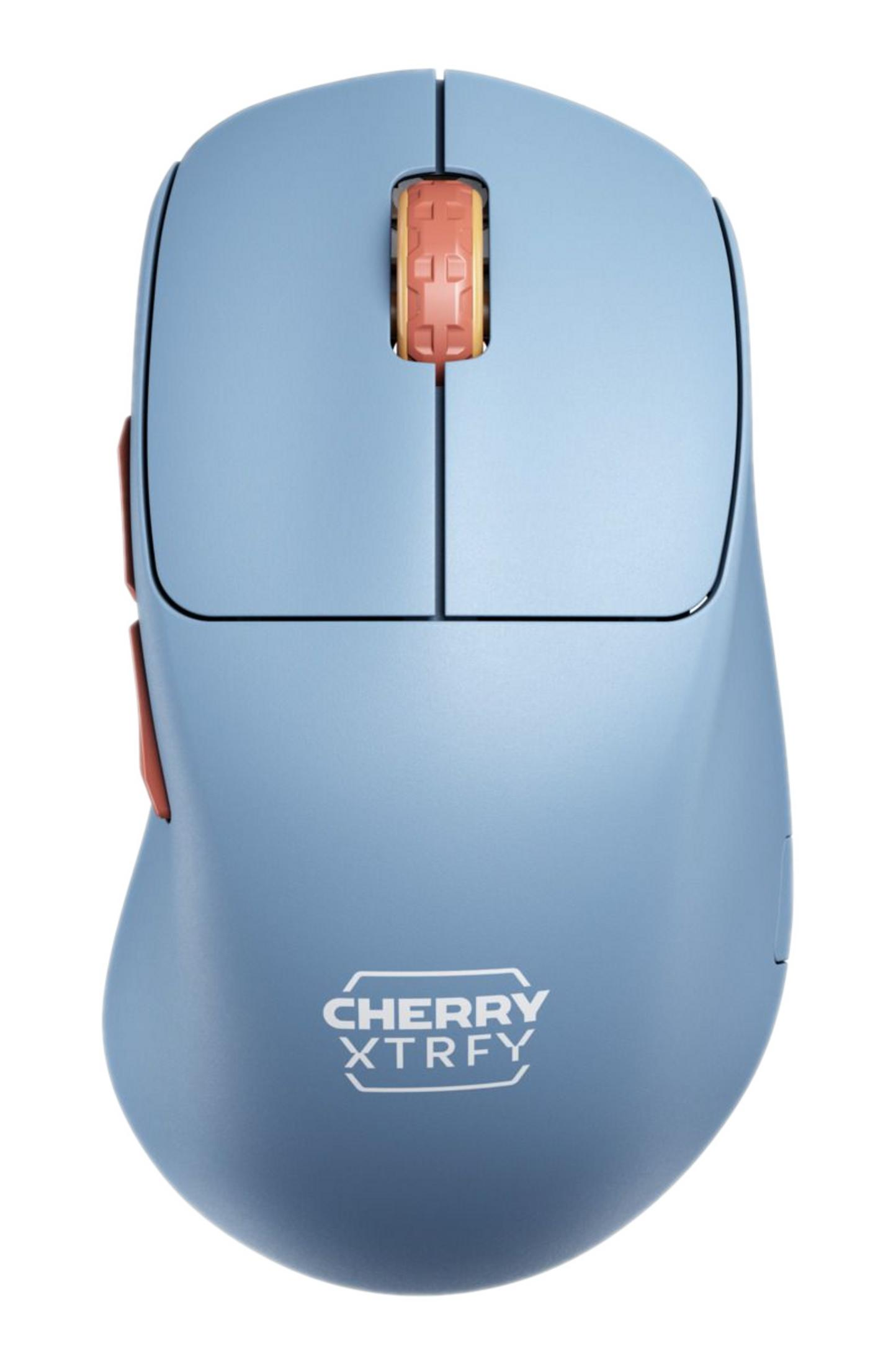 Niebieska mysz komputerowa z pomarańczowym kółkiem i przyciskami bocznymi.