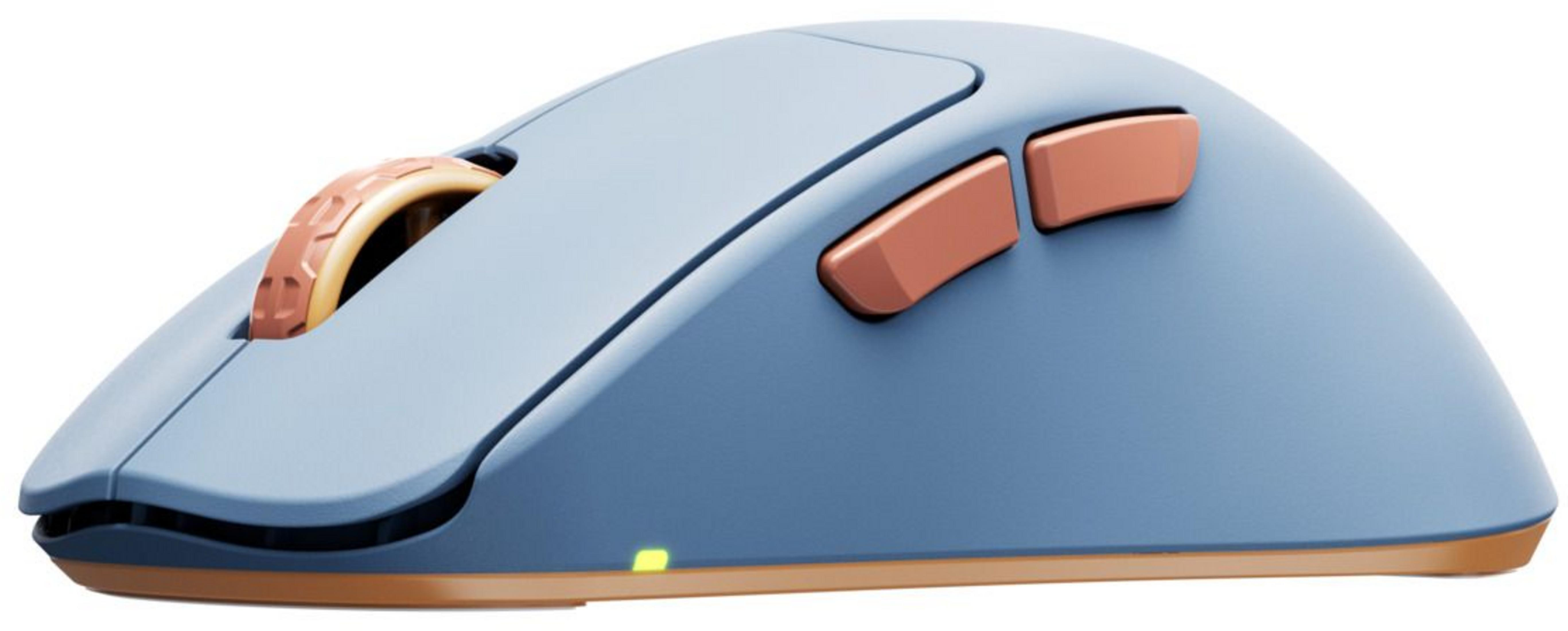 Niebieska mysz komputerowa z miedzianym kółkiem i przyciskami na białym tle.