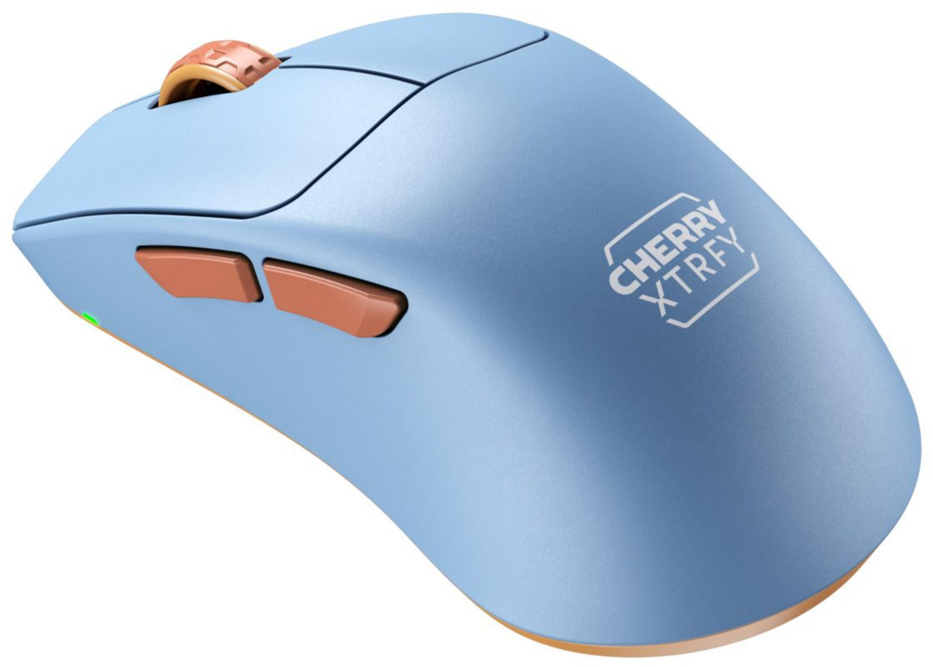 Jasnoniebieska mysz komputerowa z miedzianym kółkiem i przyciskami.