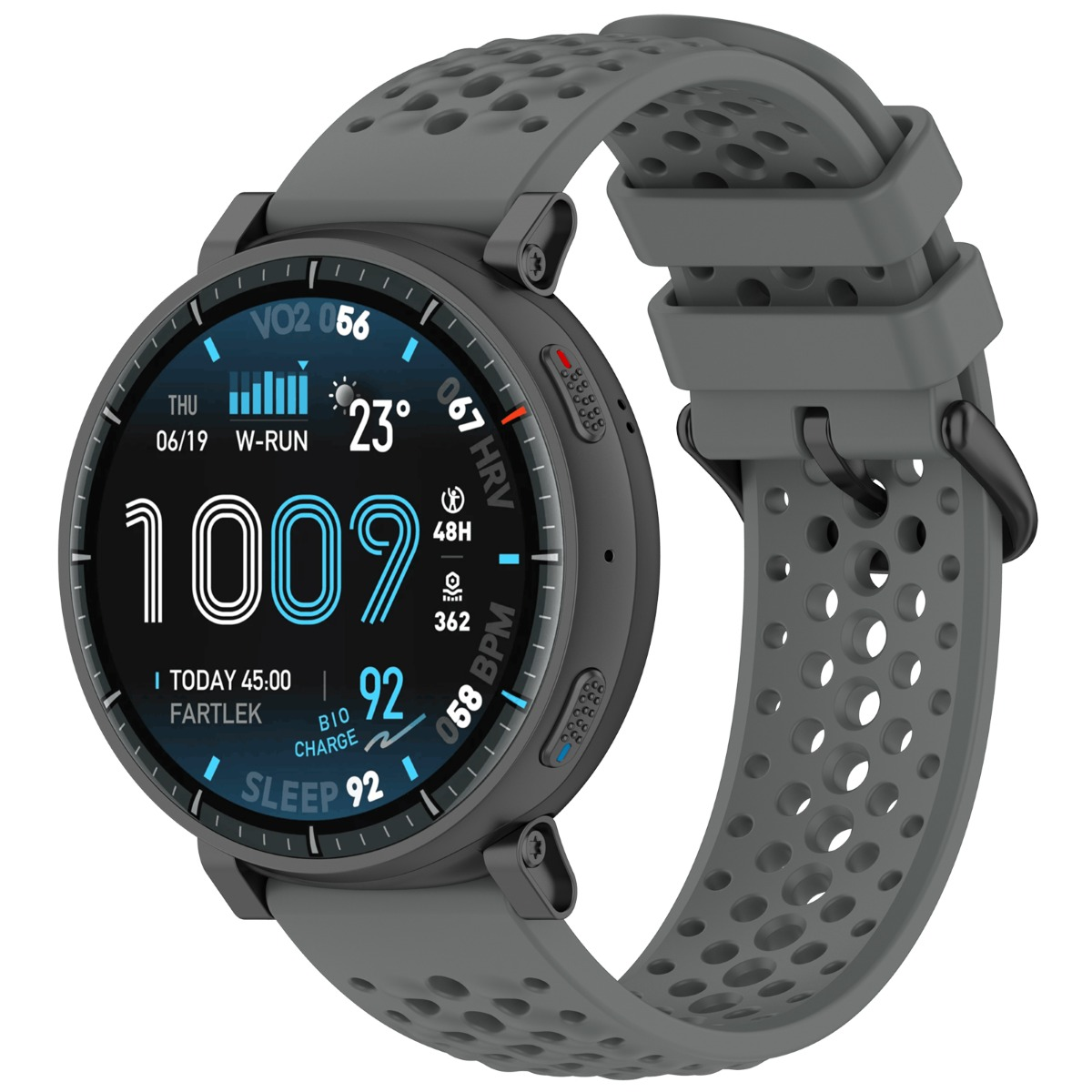 Uno smartwatch grigio mostra statistiche: 1009 passi, 23°, VO2 max, HRV, BPM, sonno, e altro.