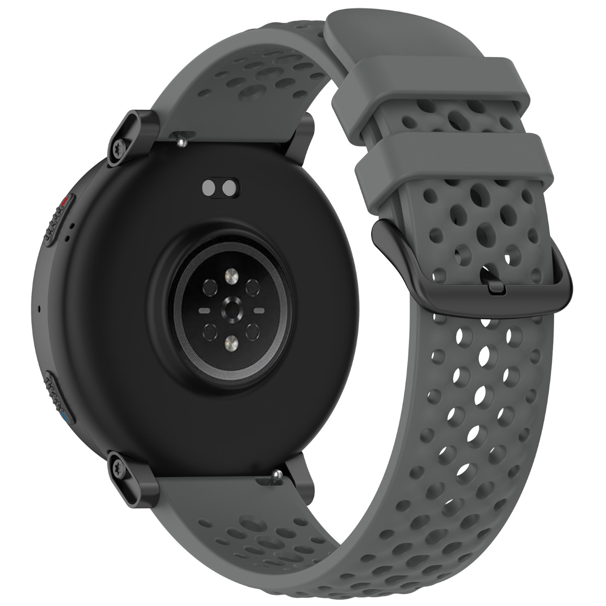 Retro di uno smartwatch grigio con cassa nera e cinturino traforato.