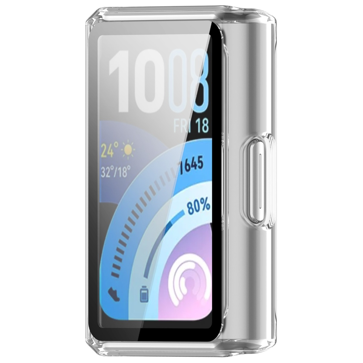 Una custodia protettiva trasparente per display smartwatch con ora, data, meteo e batteria.