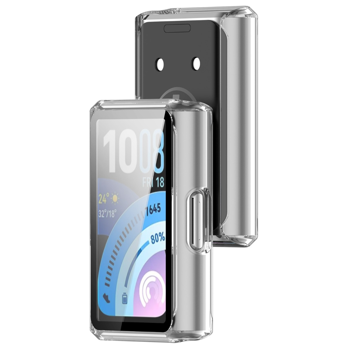 Due custodie protettive trasparenti per smartwatch su sfondo bianco.